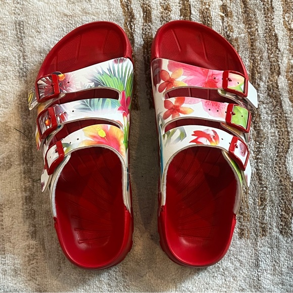 Birki’s by Birkenstock- Red Floral/Tropical 3 Strap Sandal - Picture 1 of 9